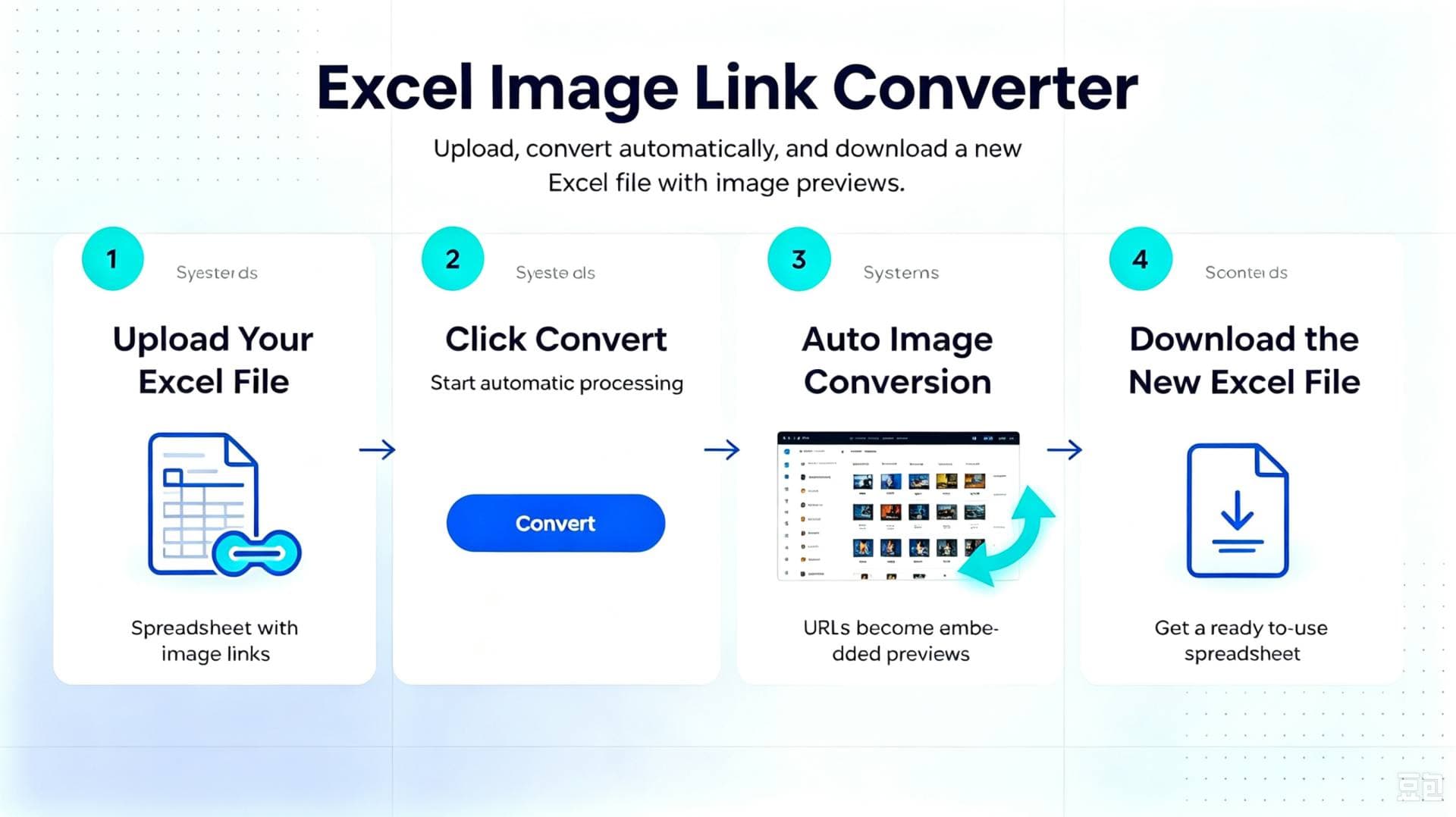 SheetImg workflow: upload an xlsx workbook, choose the picture height, start the conversion and download a new sheet with pictures inside the cells