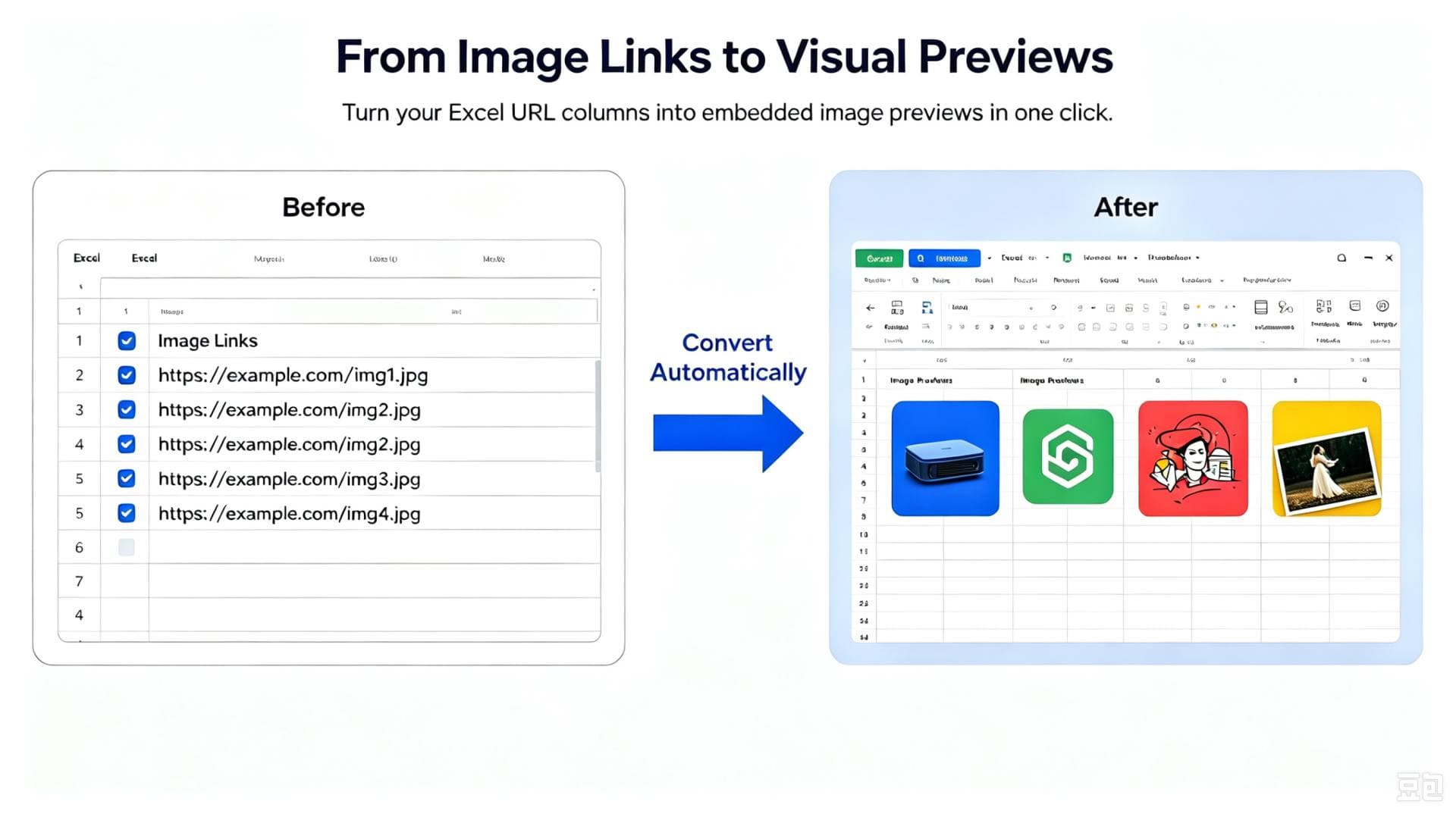 Before and after: image URLs in spreadsheet cells turned into real JPG PNG GIF WEBP pictures